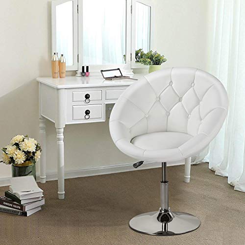 Yaheetech Round Tufted Back Chair Living Room Chair Contemporary Height Adjustable Vanity Chair 360° Swivel Accent Chair Modern Look, White #TOP1