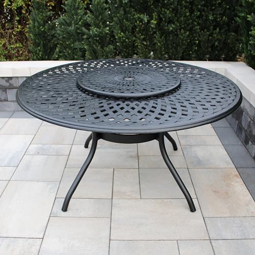 Image of Oakland Living Contemporary Modern Outdoor Mesh Aluminum 59-in Large Black Round Patio Dining Table with Lazy Susan