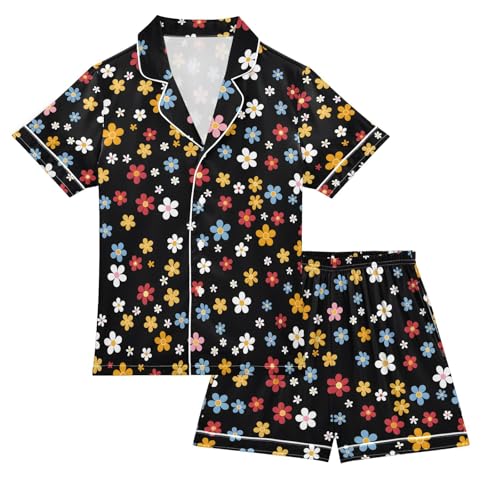 ALAZA Cartoon Flower Blossom Print Pajamas Satin Pajama Set Short Sleeve Button Down Sleepwear