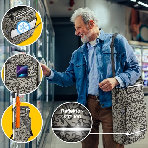 maxVitalis Einkaufstrolley klappbar, Einkaufswagen mit Kühlfach, 3in1 Trolley, Sackkarre & Umhängetasche, Einkaufsrollwagen, Shopping Trolley 43L Kapazität & Spanngurt, Hackenporsche Taupe – Bild 6