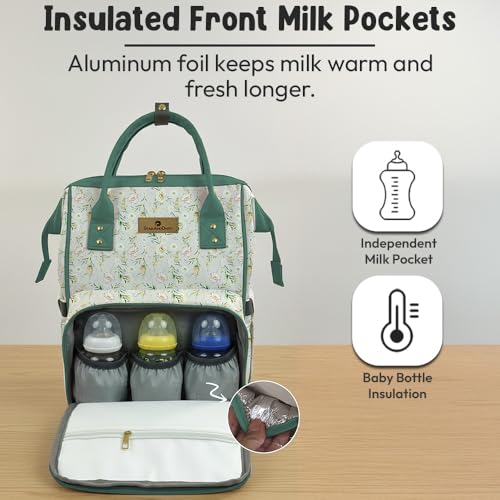 Image of StarAndDaisy Baby Bag for Mother Travel /Diaper Bag with Insulated Baby Bottle Pocket /Diaper Bag for Mothers for Travel with Multi Compartments & pockets, Waterproof Diaper Bags for Mom -White-Green