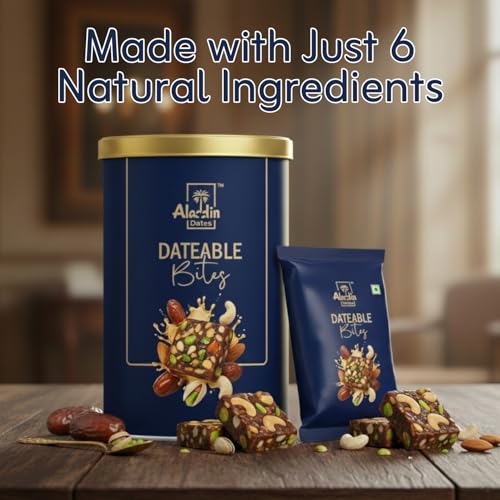 Image of Aladdin Dates Dateable Bites 200g | Dates Barfi & Dry Fruit Bites | Made with Pure Ghee, Dates, Honey, Almonds, Cashews & Pista | No Added Sugar | Gluten Free Healthy Indian Sweet