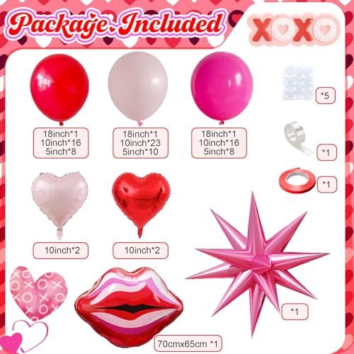 Image of Valentines Day Balloon Arch Kit Hot Pink Red Balloon Garland with Lip Heart Star Foil Balloons Rose Red Baby Light Pink Galentines Party Decorations for Proposal Engagement Wedding Mothers, 97Pcs