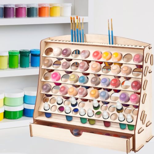 Image of Large Wooden Paint Rack Organizer for Holds 64 Bottles (2 Size) 30 Brushes Rack 1 Cabinets Craft Paints Organizers Storage Paint Holder Organizers Paints Bottle Organizer