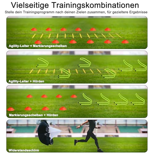 Suusolny Fußball Trainingsset Fussball Trainingszubehör Kinder Fußball Kick Trainer Enthält 6m Koordinationsleiter, 6 verstellbare Hürden, 12 Kegel, Schleppfallschirm & Aufbewahrungstasche