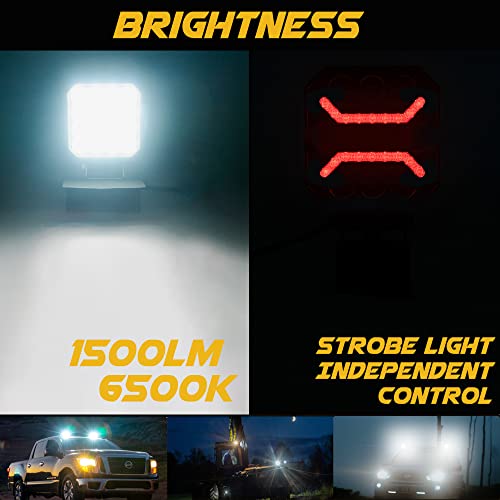 E Upgraded 12V LED Work Light with Red Strobe Position Light, 3000 Lumen Off Road Vehicle Fog Lighting Pods 4 Inch LED Flood Lights for SUV Trucks Jeep ATV UTV Boat Farm Machinery (2PCS)
