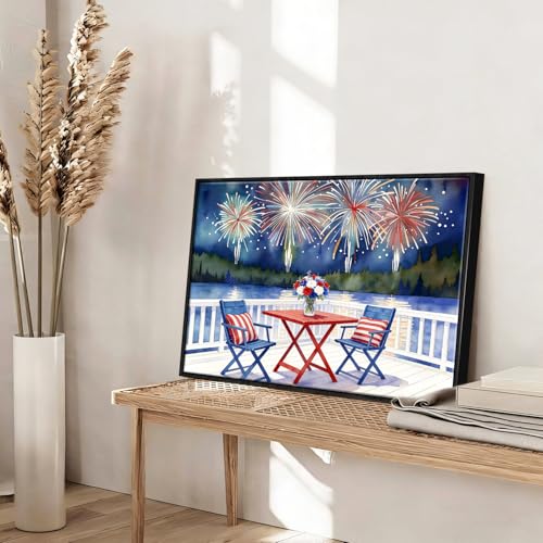 Image of American Flag Framed Canvas Wall Art, 4th of July Red White Blue Canvas Prints, Watercolor Lakefront Fireworks Patriotic Decorations, Independence Day Wall Decor for Bedroom Living Room 6x8