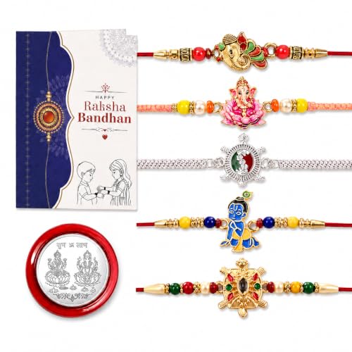 Image of Periapt Rakhi Gift Set for Brother & Bhabhi - Traditional Rakhis with Silver Coin & Greeting Card - Combo for Raksha Bandhan