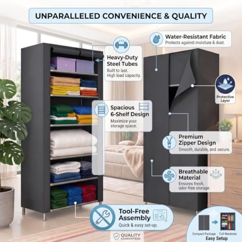 Image of Ulif Multipurpose 𝗖𝗼𝗹𝗹𝗮𝗽𝘀𝗶𝗯𝗹𝗲 𝗪𝗮𝗿𝗱𝗿𝗼𝗯𝗲 Cabinet | 𝗙𝗼𝗹𝗱𝗮𝗯𝗹𝗲Fabric Organizer with 𝟲 𝗦𝗵𝗲𝗹𝘃𝗲𝘀 | Portable Clothes 𝗦𝘁𝗼𝗿𝗮𝗴𝗲 𝗥𝗮𝗰𝗸 for Bedroom