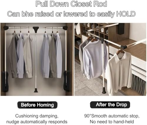 Pull Down Wardrobe Rail, Retractable Hanger for Closet, Adjustable Width Clothes Rod, Space Saving Design, Easy Install, 90° Mechanism