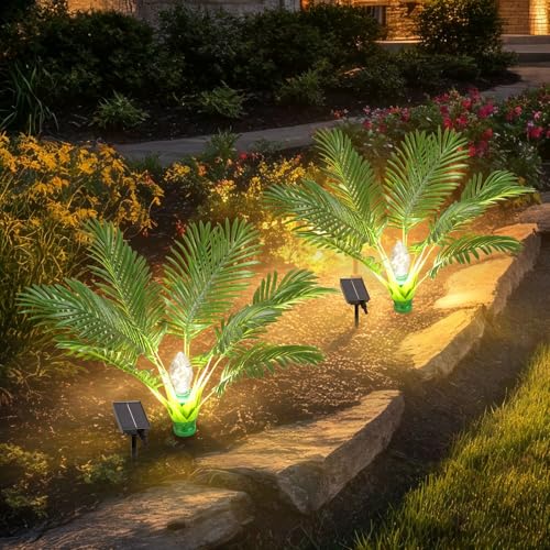 2 Pack Artificial Plants Outdoor with Solar Lights 25 Prelit Palm Tree