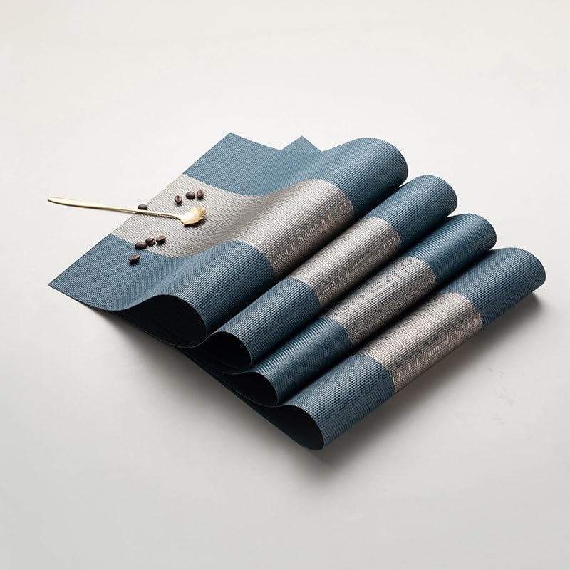 Image of YELONA Placemats and Table Runner Set - Heat Resistant, Non-Slip & Washable PVC Vinyl Dining Table Mats - Midnight Blue (6 Placemats: 45x30 cm, 1 Runner: 180x30 cm)