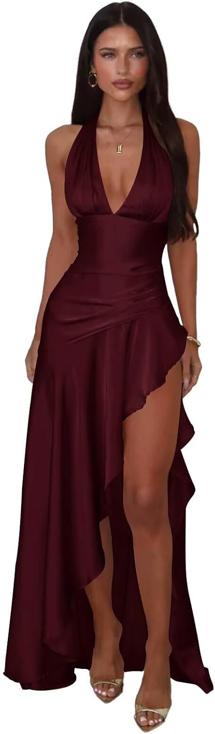 Satin Halter Mermaid Prom Dress High Low Ruffle Formal Evening Party Dress DW50