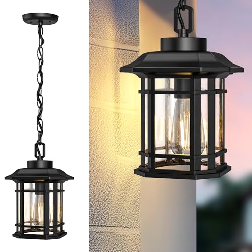 WIHTU Outdoor Pendant Light Fixture, Exterior Hanging Lights, Hanging Lantern with Adjustable Chain, Anti-Rust Aluminum Frame with Glass with Raindrop Effect for Front Door Ceiling Entry Porch by WIHTU - Used condition - Image 7