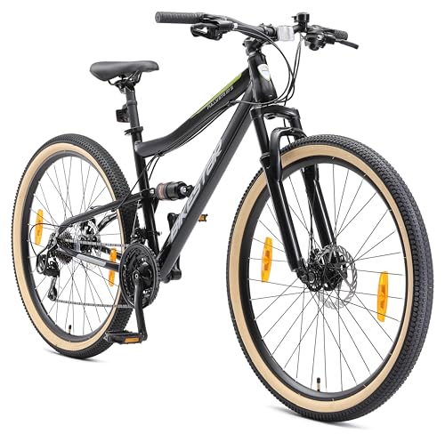 BIKESTAR VTT Vélo Tout Terrain, Frein à Disque, 21 Vitesses Shimano, 27.5 Pouces | Mountainbike Tout Suspendu Integral Cadre 17 Pouces | Noir