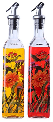 Olive Oil and Vinegar Dispenser - Oil and Vinegar Bottles Dutch Chrysanthemum Design- 2 Pack 16 Oz Cruets