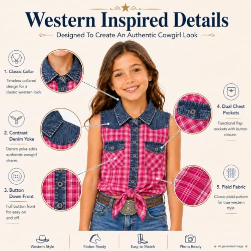 Image of Bienzoe Western Plaid Girls Shirt: Sleeveless Button Down | For girls who love cowgirl style, rodeo days, country concerts, summer comfort, family photos, horse shows, outdoor fun