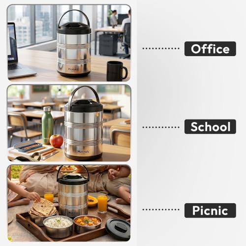 Image of Mumma's LIFE Lunch Box Steel Stainless | 3 Container Multipurpose Dishwasher Safe Tiffin Box for Office Use & School | Silver Finish Meal Carrier for Daily Use