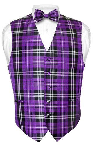 Men's Plaid Design Dress Vest & BOWTie Purple Black White BOW Tie Set