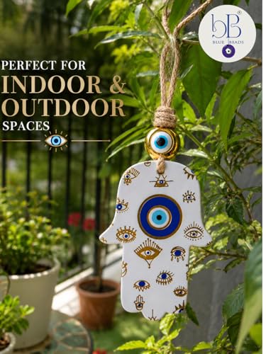 Image of Handcrafted Evil Eye Hamsa Hanging for Home Entrance Decor | Turkish Nazar Protection Wall Hanging | Ceramic Hand of Fatima Ornament with Jute Rope | Housewarming Gift for Home & Office