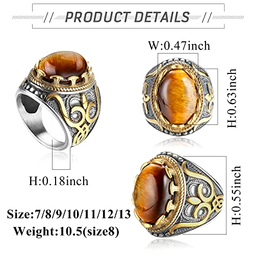 Dochais Tiger Eye Stone Mens Rings For Men Turquoise Vintage Ring Retro Large Biker Rings Oval Gemstone Stainless Steel Ring Size 7-13 thumb #1