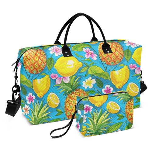 Summer Fruit Pineapple Lemon Blue Decorative Carry On Personal Item Bag Sport Training Bag with Adjustable Strap for Workout Large Capacity bolsas para viajar en Avion de Mujer