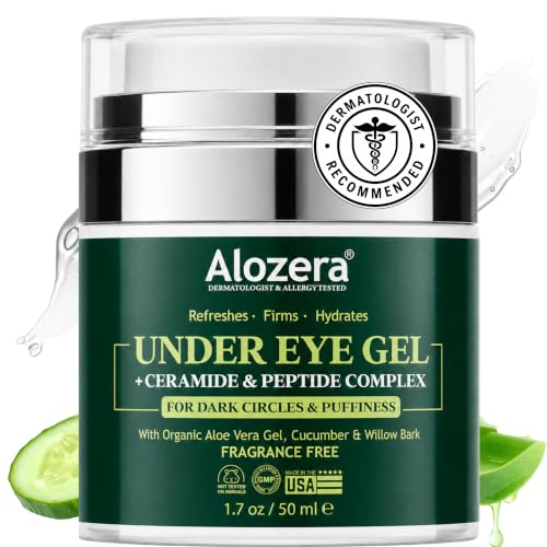 Alozera Wake Up Under Eye Gel Cream with Aloe Vera Collagen & Cucumber Anti-Aging Hydrating Soothing & Cooling Treatment for Dark Circles Puffiness and Under Eye Bags Fast-Absorbing Day & Night