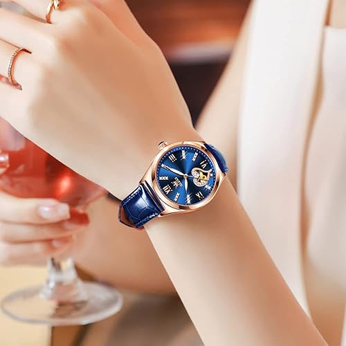 Miniatura 2 de OLEVS Reloj mecánico automático para mujer, correa de cuero, cuerda automática, reloj de pulsera para mujer, esfera de corazón de diamante,