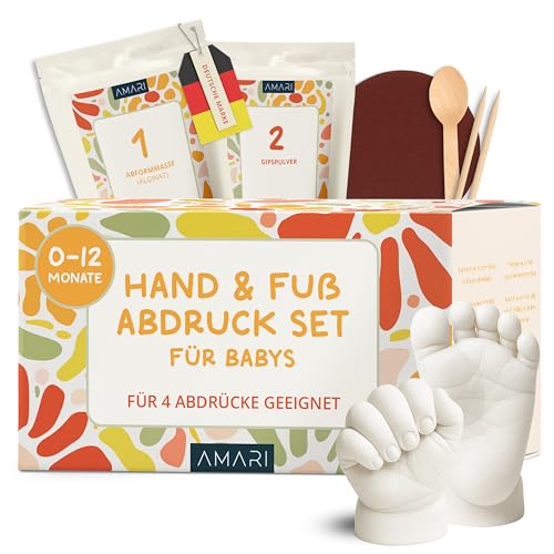 Amari Baby Gipsabdruck Set Baby Hand- und Fußabdruck Set mit hochwertiger Verpackung Erinnerung für die Ewigkeit Inklusive Gips Formmaterial und Anleitungen Geschenk zur Geburt
