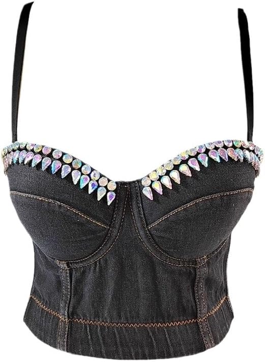 Denim Suspenders For Outer Wear And Diamond-studded Slim Tube Top Water Drop Bright Diamond Hot Girl Top Trend