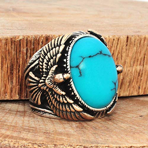 Solid 925 Sterling Silver Eagle Figure Oval Turquoise Stone Men's Ring2
