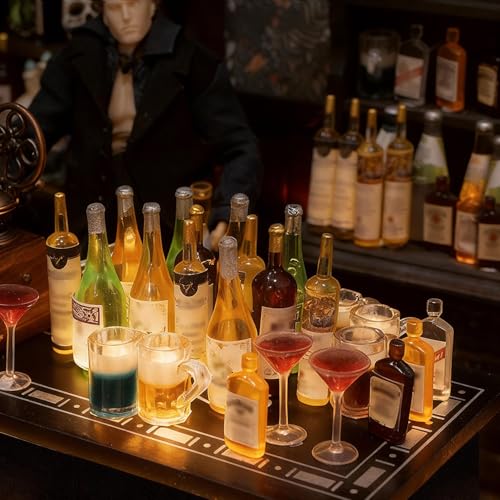 iLAND 1/12 Scale Accessories Mini Wine Bottles Glasses 42pcs Set Dollhouse Miniatures Bar Champagne Cocktail for Action Figure Accessories Mini Cake...