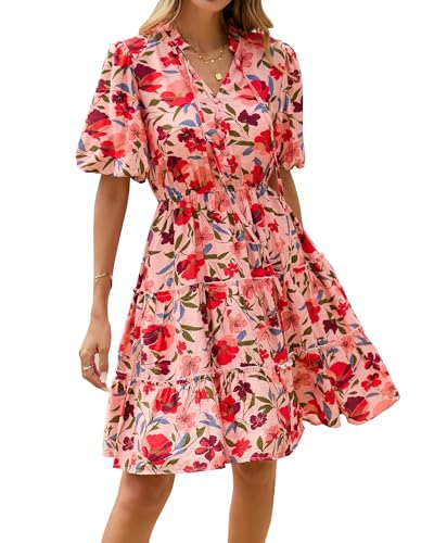 Image of BTFBM Women Summer Floral Short Dresses V Neck Short Sleeve Tiered Ruffle Boho Swing Dress A-Line Mini Dresses