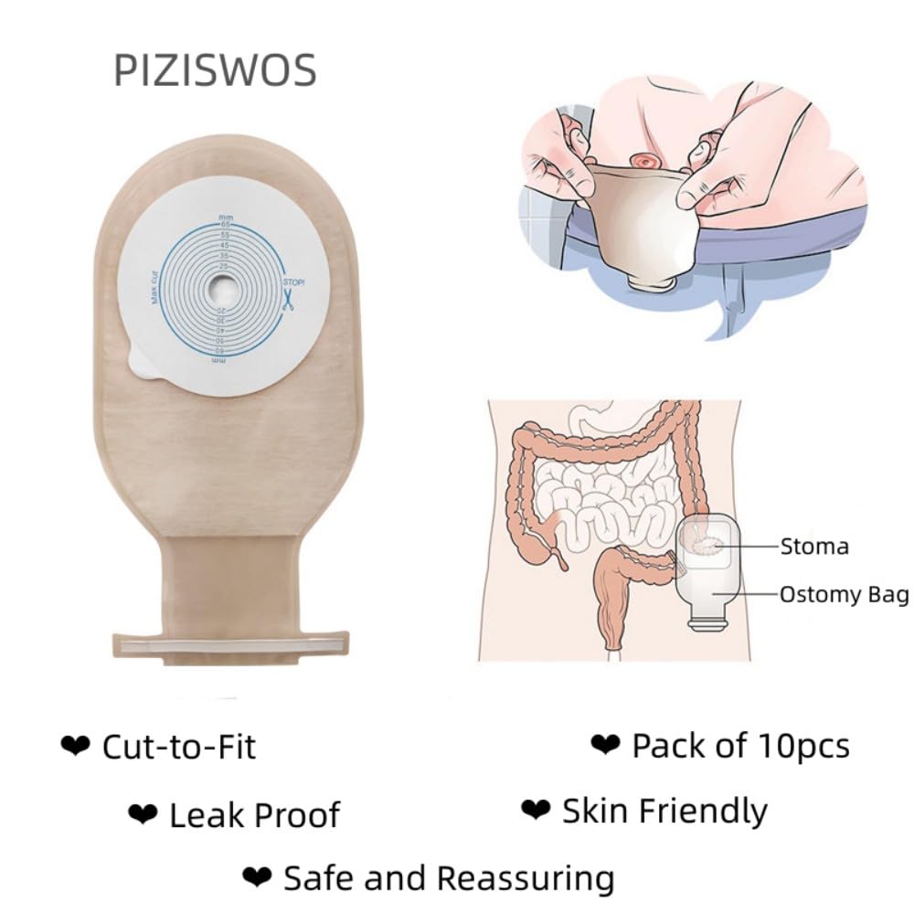 One-Piece Colostomy Bags, 10pcs/Box Ostomy Bags Drainable Pouches Supplies with Closure for Ileostomy Stoma Care
