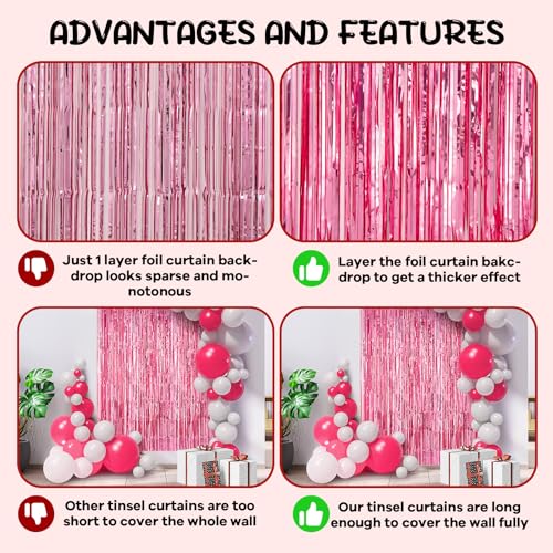 Image of Voircoloria 2 Pack Pink Tinsel Foil Fringe Curtains, Pink Party Decorations, Metallic Tinsel Party Streamers Backdrop for Birthday Baby Shower Graduation Wedding Bachelorette Party Decorations
