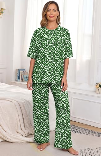 Image of PrinStory Womens Pajamas Sets 2 Piece Lounge Set Short Sleeve Tops and Long Pants Soft Pjs Loungewear with Pockets