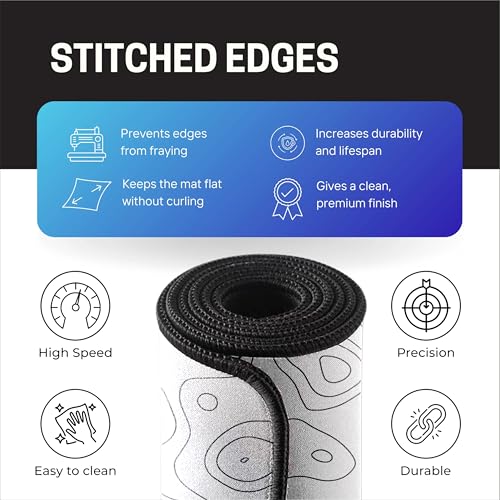 Image of White Contour Line Mouse Pad 18x36 Inch 3mm Extended Gaming Desk Mat with Anti-Slip Rubber Base Mousepad for Smooth Surface Desk pad for PC & Laptop Use Waterproof & Stiched (Black /White)Deskpad