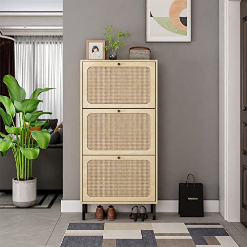 Rattan Shoe Storage Cabinet with 3 Flip Drawers for Entryway, Freestanding Shoe Rack Modern Slim Entryway Shoe Organizer with Half Round Woven Rattan Doors for Hallway (Rattan-3 Drawers)