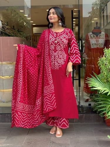 Image of GoSriKi Kurta Sets for Women Rayon Viscose Bandhani Printed | Kurti Set for Woman | Kurta Pant Dupatta Set | Straight Kurti | Round Neck 3 /4 Sleeve Suit Set for Women Stylish Ethnic Outfit