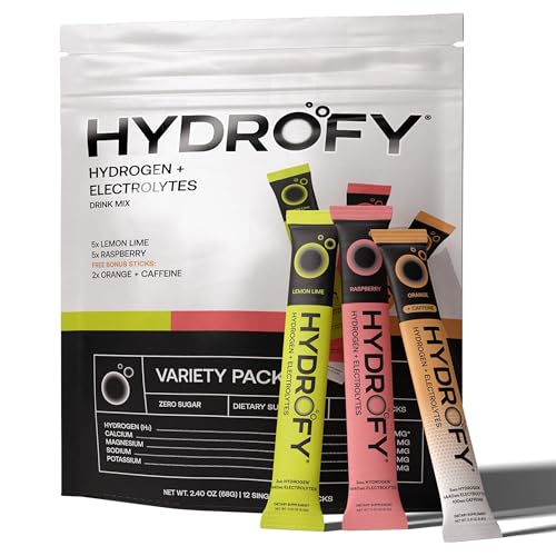 Hydrofy Hydrogen Water + Electrolytes Drink Mix - Variety Pack | H2 Hydration Packets with Molecular Hydrogen, Sodium, Potassium, Magnesium | Lemon Lime, Raspberry, Orange + Caffeine | 12 Count