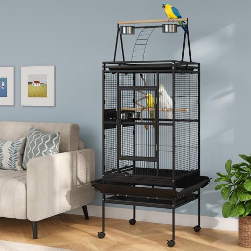 67-Inch Playtop Wrought Iron Large Parrot Bird Cages with Rolling Stand for Cockatiels Parrot Quaker Conure Parakeet Lovebird Canary Small Medium Parrot Cage Birdcage, Black - Image 2