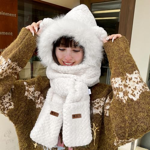 Hat Scarf Gloves Set for Women Winter, Plush Fleece Bear Neck Warmer 3-in-1 Accessory for Skiing Snowboarding 5