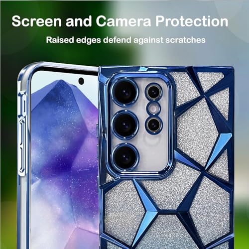 Image of VONZEE Gradient Glitter Clear Case for Samsung S25 Ultra, Luxury Electroplated 3D Cube, Diamond Bling Shiny Soft TPU Clear Shockproof Women Girls Protective Phone Cover (Blue)
