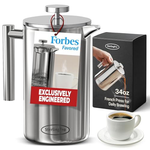 SterlingPro Stainless Steel French Press Coffee Maker 1 L (34 oz) Mirror – Double Walled Insulated Large Coffee Press, Durable Design Keeps Drinks Hot, Easy to Use and Clean for Rich Flavor Brewing