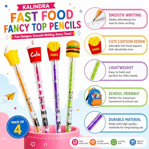 Image of Pack of 8 Cute Food Bullet Pencils | Non-Sharpening Push Pencils | Burger Fries Ice Cream Soda Theme | Kids School Stationery Set | Birthday Return Gift for Boys & Girls