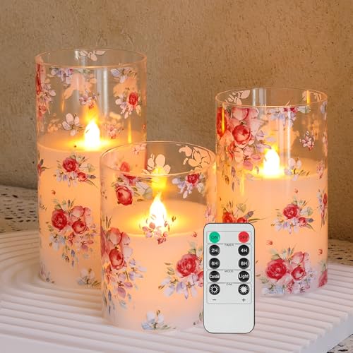 Image of Rose Flameless Candles Set of 3 - Glass Battery Operated Candles with Remote, Flickering Floral Flameless Candle for Wedding, Home, Party Gift