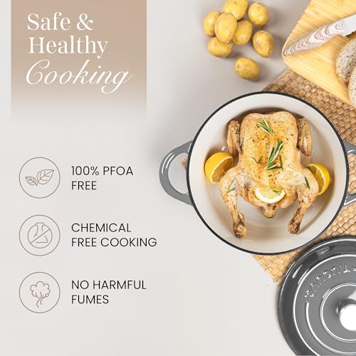 Image of Cast Iron Pot with Lid-Non-Stick Ovenproof Enamelled Casserole Pot, Oven Safe up to 500 F-Sturdy Dutch Oven Cookware - Grey, 5-Quart, 24cm-by Nuovva