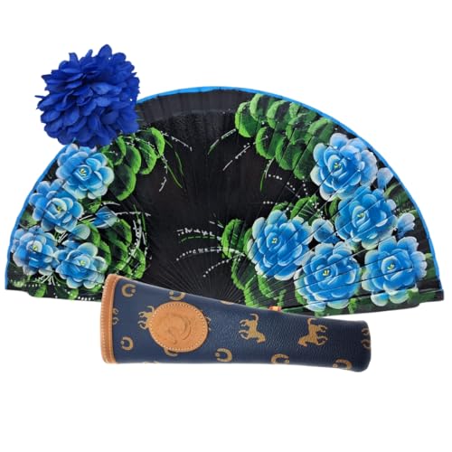 Planta Color Abanico de Madera con Flores Pintadas a Mano. Incluye una Funda para Proteger el Abanico. Pinza de Pelo con Diseño de Flor para Complementar tu estilo (Negro FA)
