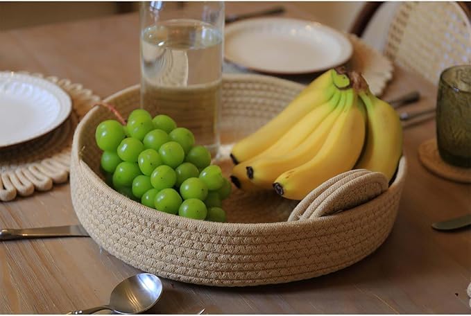 Image of Cotton Rope Placemat Set with Coasters and Holder 6 Pieces Round Woven Table | Mats Natural Beige Heat Resistant | Dining Table Decor | Durable Washable Kitchen Accessories (Beige with Border)