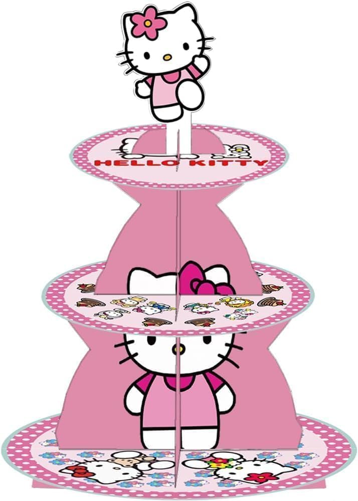 for Kitty Themed Party Supplies and Decorations, a Three-Tiered Cupcake Stand, a Display Stand for Birthday Desserts and Cakes, which is Suitable for Cute-Style Birthday Decorations.